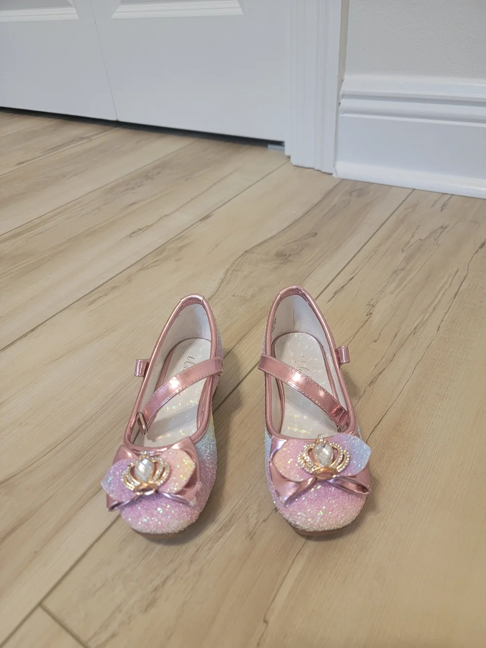 Girls Pink Rainbow Glitter Mary Jane Shoes with Crown Accent
